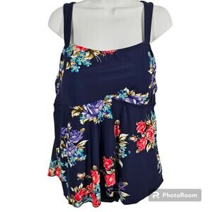 Byron Blue Australia One-Piece Skirted Swimsuit Navy with Flowers Size 16